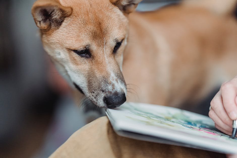 A dog attentively watches as an artist paints, showcasing curiosity and companionship.