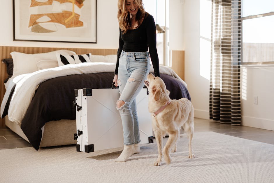 A woman with her playful golden retriever in a modern bedroom with stylish decor and natural light.